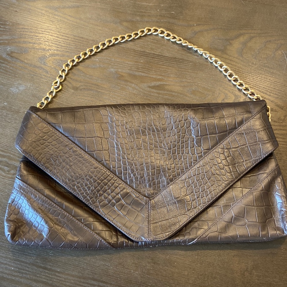 Foley + Corinna Brown Crocodile Embossed Oversized Clutch